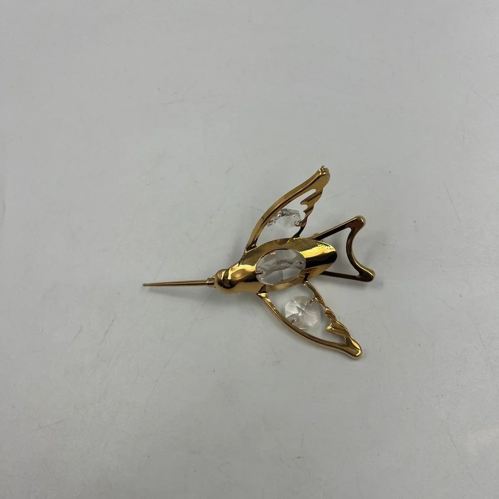 Vintage Gold Tone Hummingbird Napkin Ring Clear Crystal Accents Bird Decor 4in
